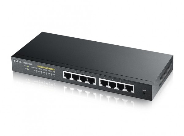 Zyxel Switch smart managed Layer2 8 Port • 8x 1 GbE • PoE Budget 77 Watt • 8x PoE at • Desktop • Lüfterlos • GS1900-8HP V3