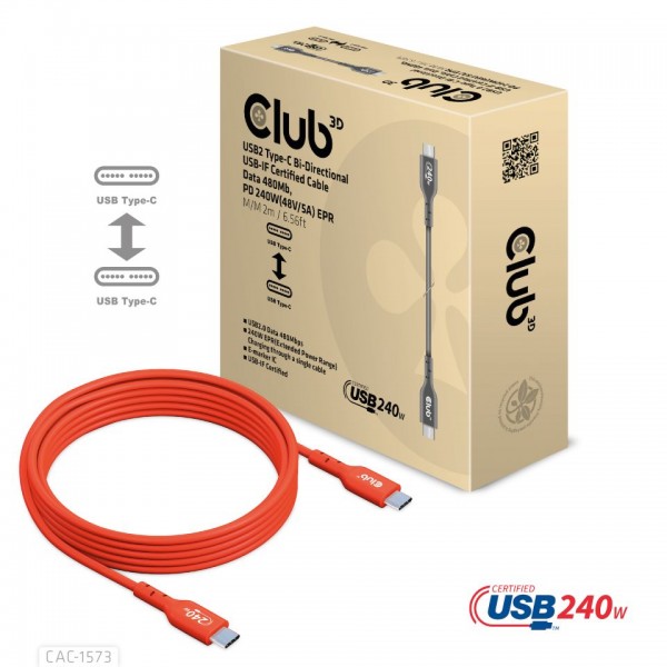 Club 3D Cable certificado USB2 tipo C bidireccional USB-IF, datos 480 Mb, 2 m