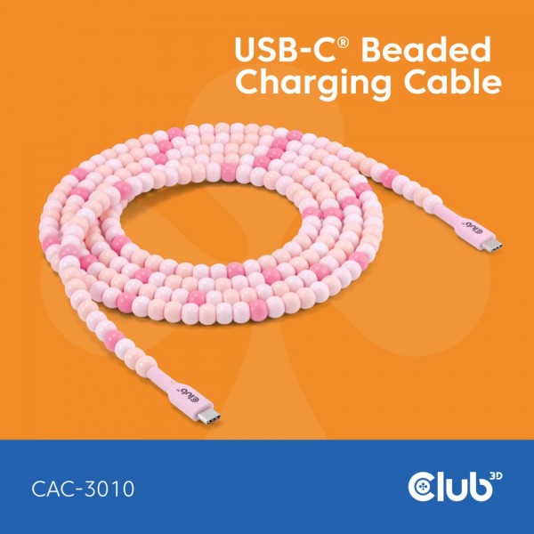 Kabel USB 2.0 C (St) => C (St) 2,0m *Club3D* - LIFESTYLE Perlen Kabel *pink*
