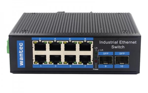 Wantec - Industrial PoE Fiber Ethernet Switch für Hutschiene, 8 Port + 2 SFP